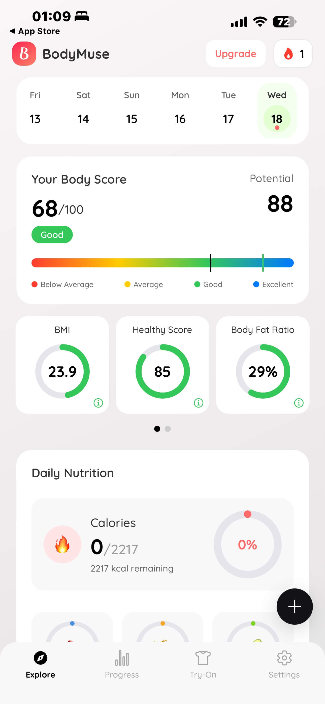 BodyMuse AI body analysis results showing body score, body fat percentage, and shape classification